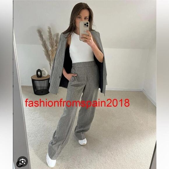 Zara Grey WIDE LEG HERRINGBONE PANTS Size Large - Picture 1 of 14